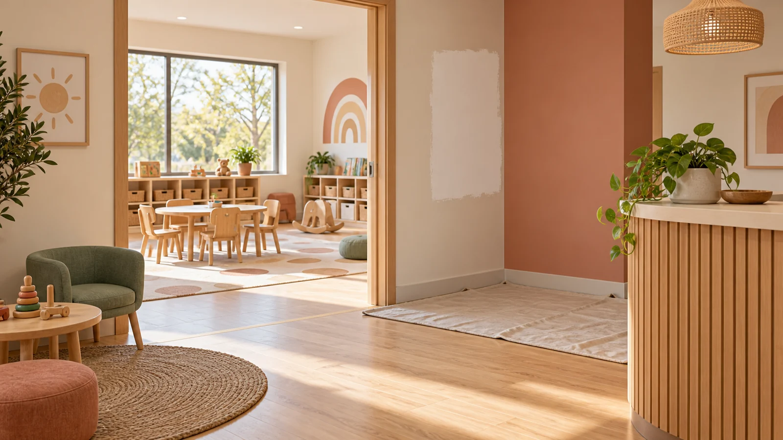 A child-care reception area has a visible primer patch, floor protection and an adjoining furnished playroom.