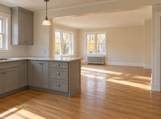 An unfurnished home has a sunlit kitchen, living area and open interior doorways.