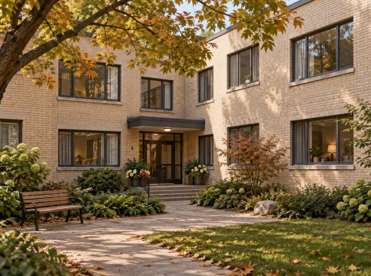 A low-rise apartment building has a shared entrance, courtyard path, garden and bench.
