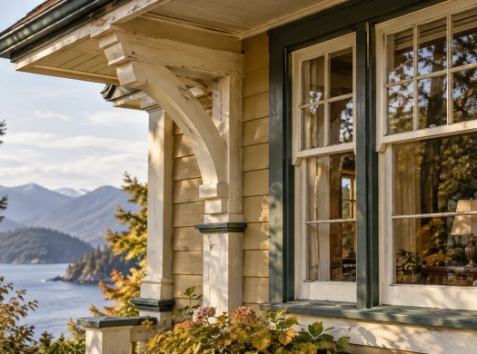 Painted timber porch brackets and divided-light windows on an older-style house.