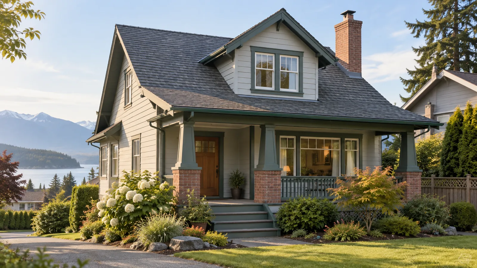 A well-kept older home shows its roof, chimney, siding and sheltered entrance.
