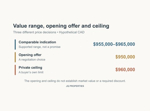 Three hypothetical price roles distinguish a $955,000–$965,000 comparable range, $950,000 opening and $960,000 private ceiling.