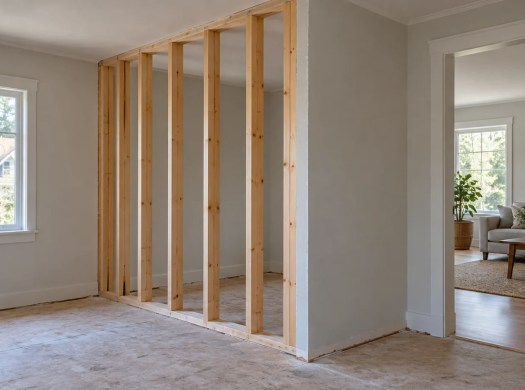 Illustrated unfinished timber partition beside a finished adjoining room.