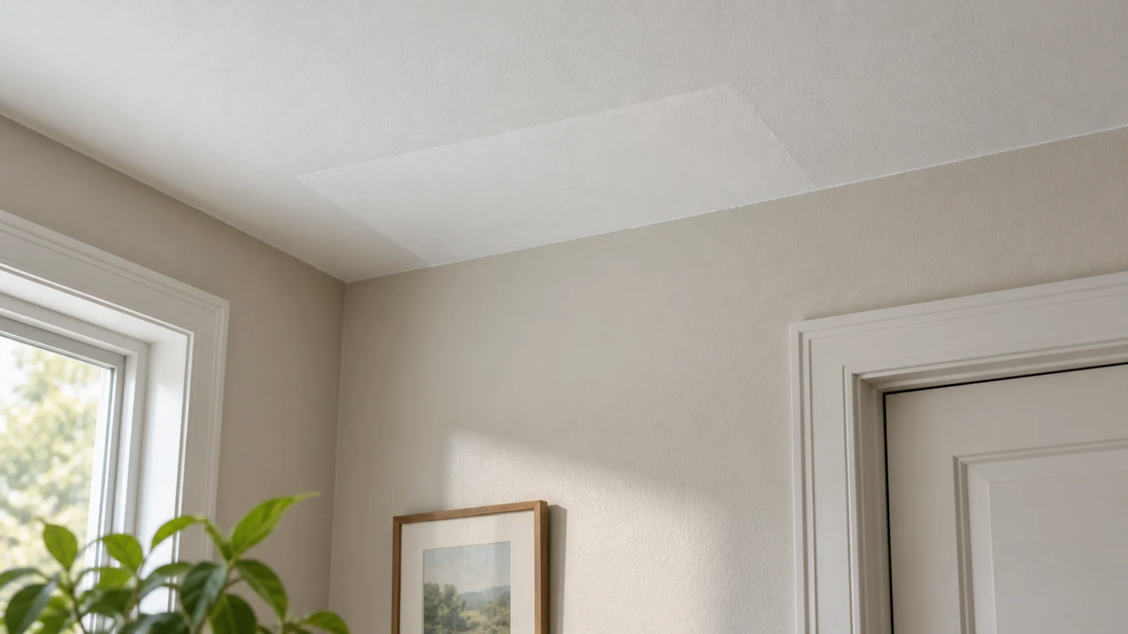 A lighter rectangular ceiling patch is visible above a door in a naturally lit room.