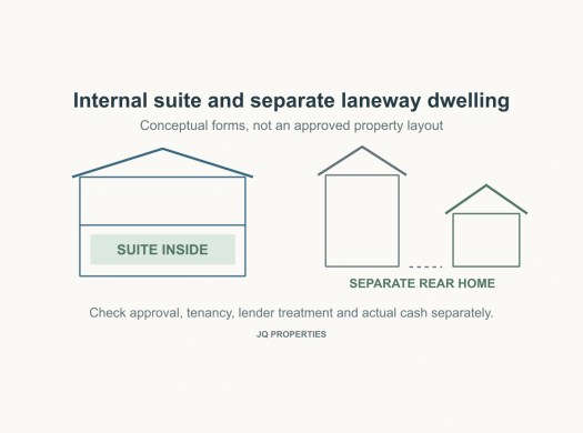 Conceptual building outlines compare a suite within a larger home with a separate rear dwelling.
