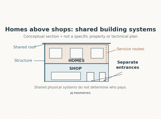 A conceptual section shows homes above a shop, separate entrances and shared building systems.