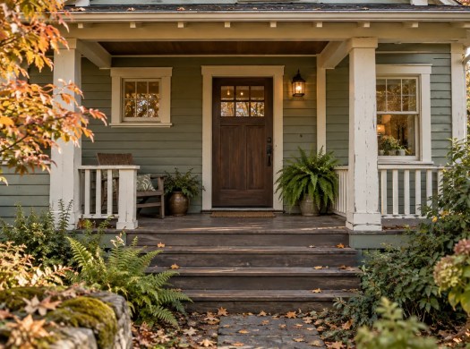 Illustrated older house porch with weathered painted siding and an ordinary garden approach.