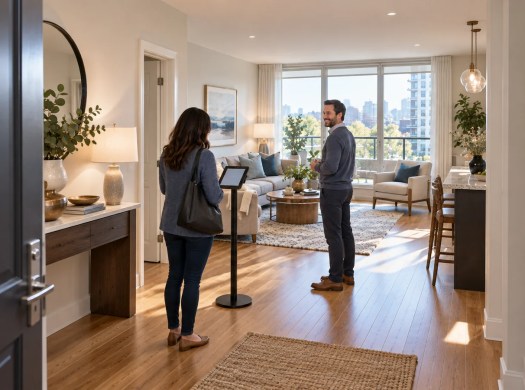 Illustrated visitor beside a tablet angled toward them, with a host farther inside a bright condo.