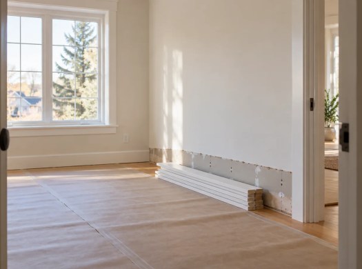 Illustrated nearly finished room with protected flooring and baseboards still to be fitted.