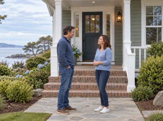 Two adults pause beside a house porch for a calm conversation about the property.