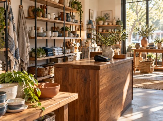 A wooden checkout counter and payment terminal sit among shelves of ceramics and textiles.