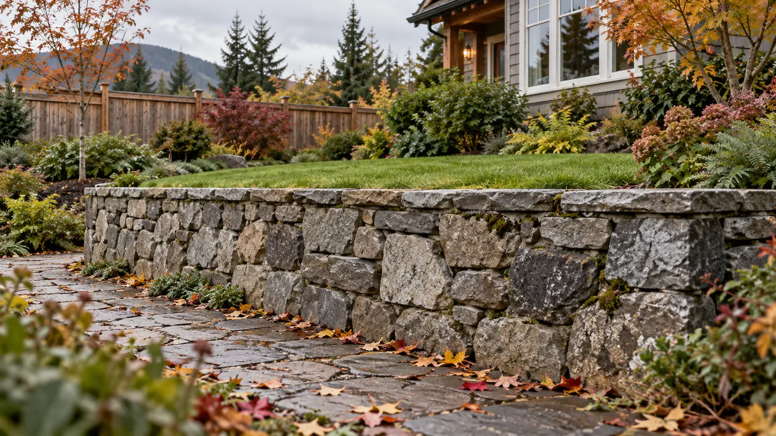 A stone retaining wall separates a paved garden path from a raised lawn beside a home.