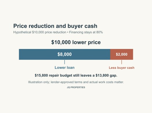 A hypothetical $10,000 price cut reduces an 80% loan by $8,000 and the buyer cash contribution by $2,000.