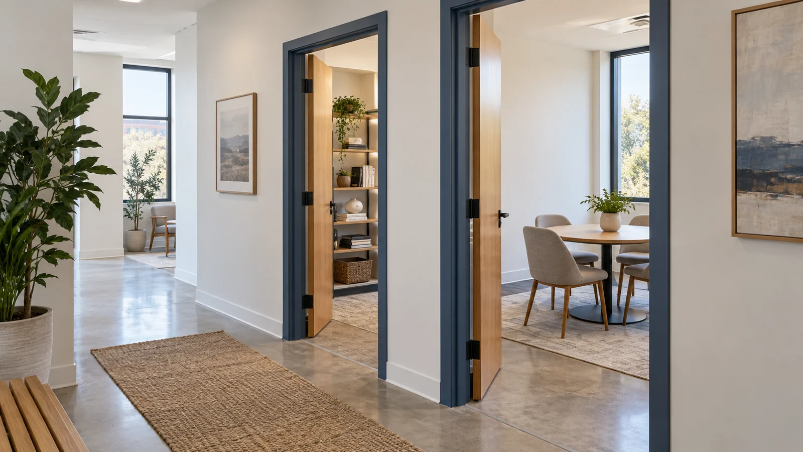 Two office-room doorways open onto the same clear shared corridor.