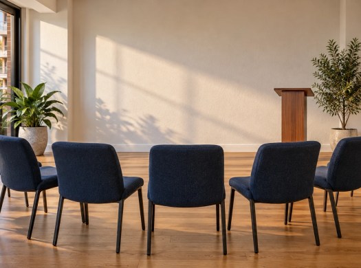 A semicircle of chairs facing a small lectern in a condominium common room.