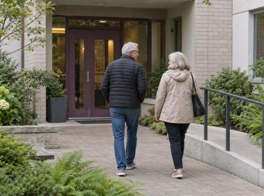 Two older adults walking toward a condominium entrance through a planted courtyard.