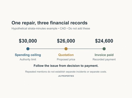 One hypothetical repair has a $30,000 spending ceiling, a $26,000 quotation and a $24,600 paid invoice.