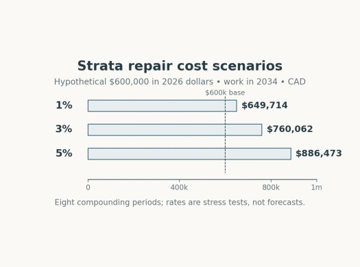 Three hypothetical rates produce future repair costs of $649,714, $760,062 and $886,473 from a $600,000 base.