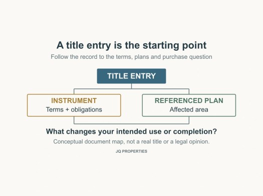 A title entry branches into instrument terms and a referenced plan before the intended-use or completion question.
